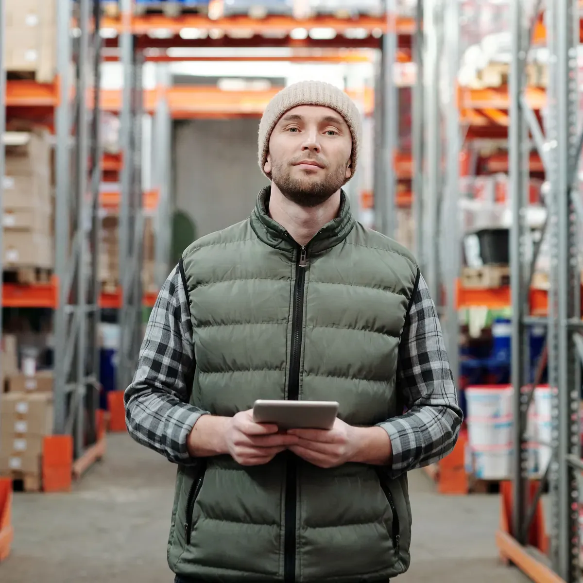 A warehouse manager holding a tablet in an aisle between stocked pallet racks